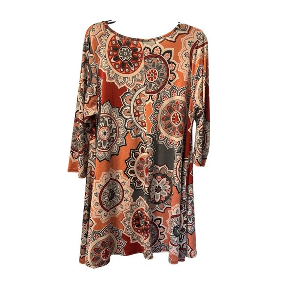 Boho-Chic 3/4 Sleeve Tunic Top By Hershe Sz L L Soft Mandala Print Orange & Gray - Picture 10 of 11
